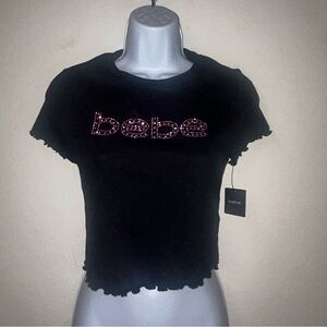 Bebe Black Tee with Pink Beaded Logo and Lettuce Hem NWT